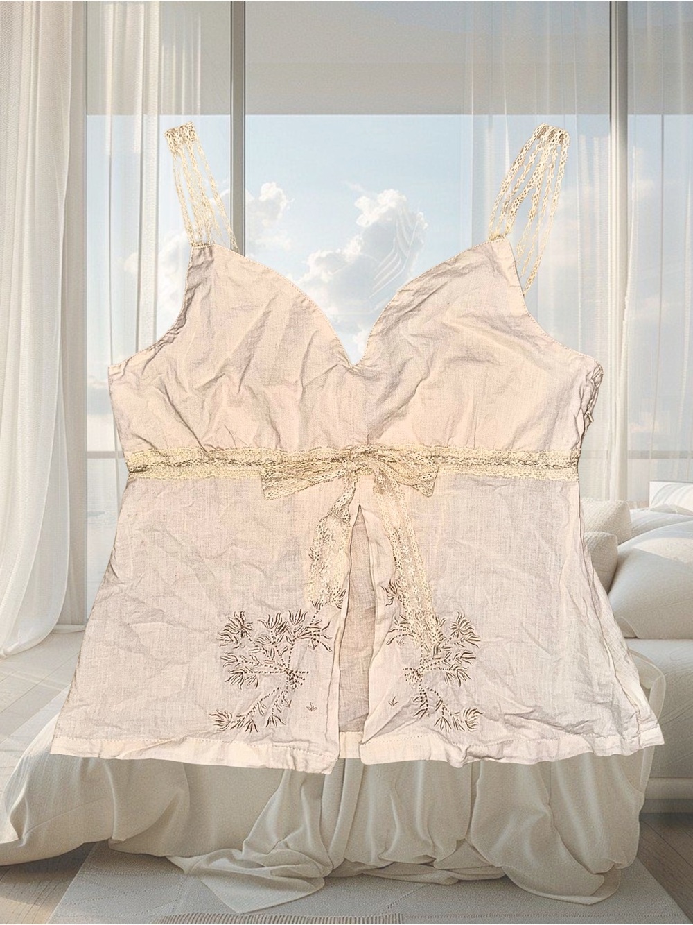 Vintage Cottage Summer Party Lace Cotton Milkmaid Babydoll Lace Ribbon Tank Top